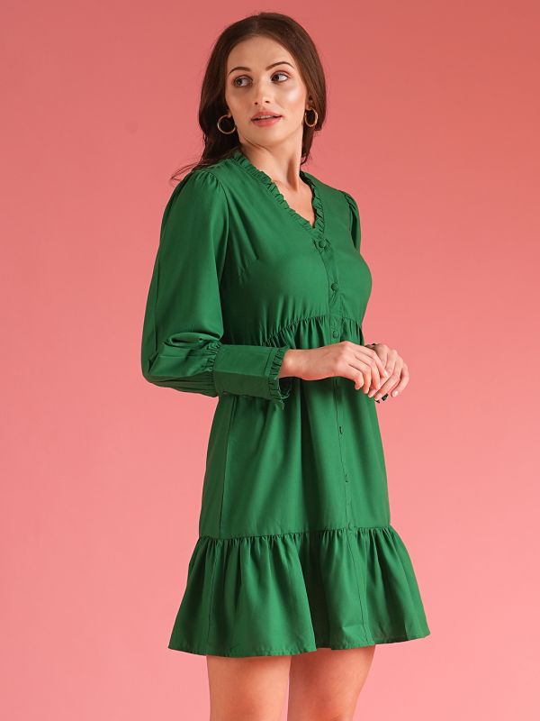 Globus Women Green Button Down Shirt Style A-Line Mini Dress