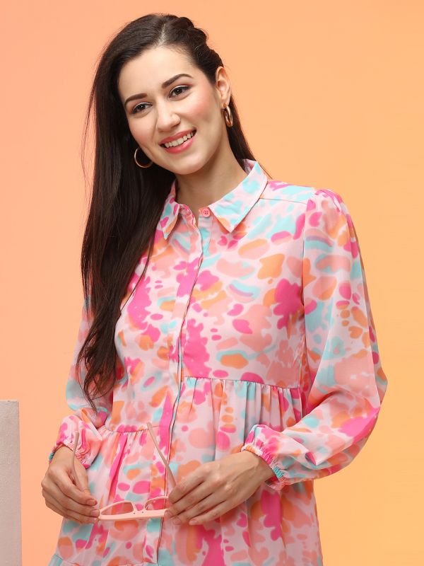 Globus Women Pink Abstract Printed Shirt Collar Bishop Sleeves Gathered A-Line Workwear Dress