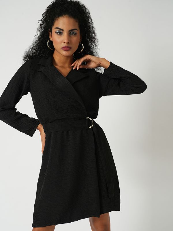 Globus Women Black Self Design Notched Collar Long Sleeves Wrap Belted Workwear Dress