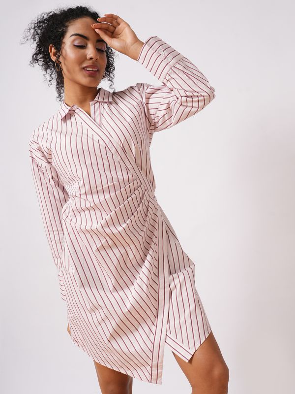 Globus Women Pink Shirt Style Cuffed Sleeve Pin Striped Workwear Wrap Dress