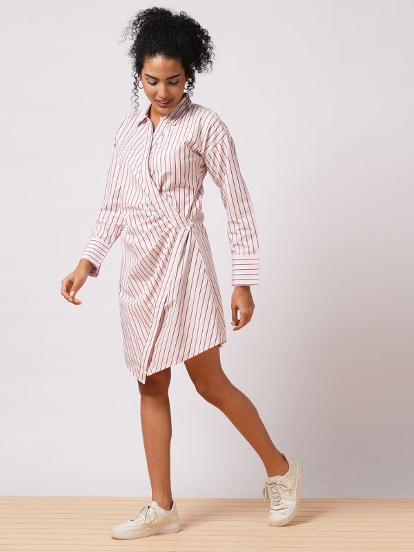 Globus Women Pink Shirt Style Cuffed Sleeve Pin Striped Workwear Wrap Dress