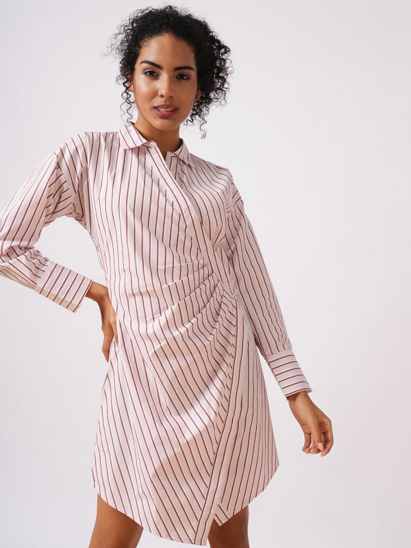 Globus Women Pink Shirt Style Cuffed Sleeve Pin Striped Workwear Wrap Dress