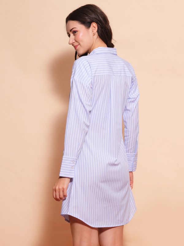 Globus Women Blue Shirt Collar Cuffed Sleeves Striped Pleated Wrap Dress