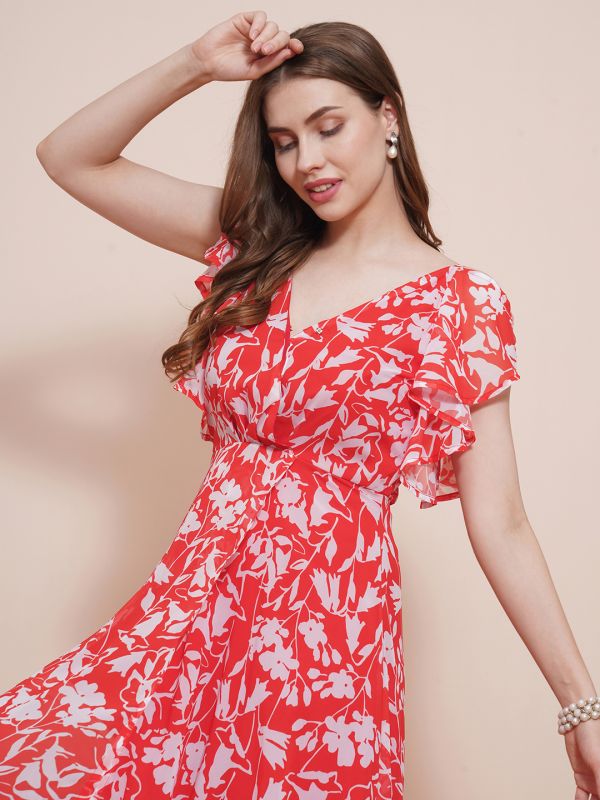 Globus Women Red Wrap Neck Strappy Flutter Sleeves Floral Printed Front Slit Fit & Flare Maxi Dress