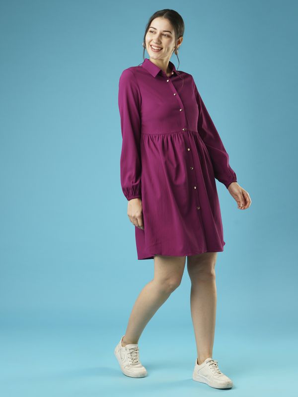 Globus Women Purple Bishop Sleeves Gathered Flared Hem Above Knee Shirt Style Workwear Dress