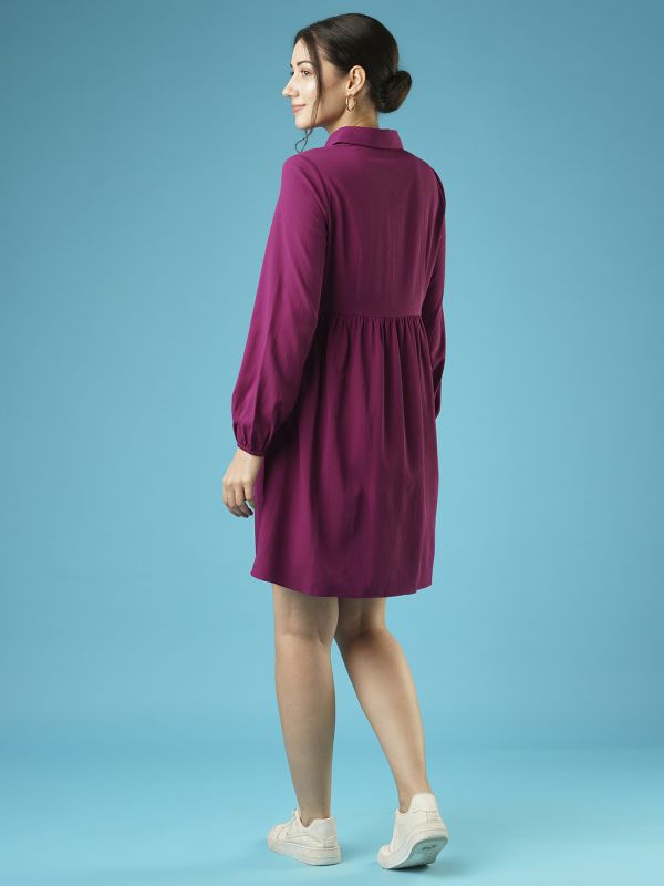 Globus Women Purple Bishop Sleeves Gathered Flared Hem Above Knee Shirt Style Workwear Dress