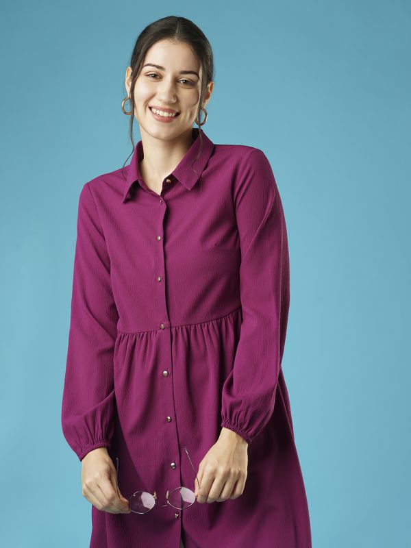 Globus Women Purple Bishop Sleeves Gathered Flared Hem Above Knee Shirt Style Workwear Dress