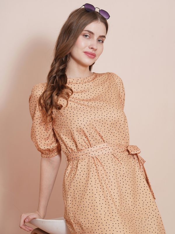 Globus Women Mustard Crepe Crew Neck Puff Sleeves Polka Dots A-Line Dress With Belt