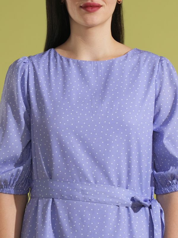 Globus Women Lavender Allover Polka Dot Puff Sleeves Waist Tie-Up A-Line Mini Dress