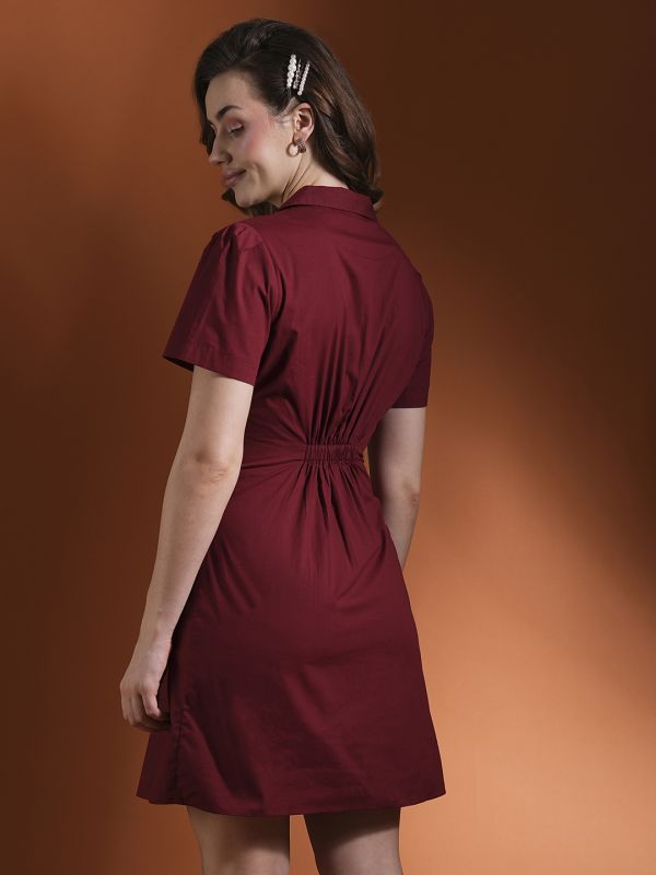 Globus Women Maroon Notched Lapel Double Breasted Back Ruched Workwear Blazer Dress