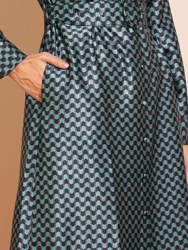 Globus Women Green Geometric Print Shirt Style Cuffed Sleeves A-Line Workwear Midi Dress