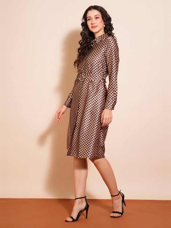 Globus Women Brown Geometric Print Shirt Style Cuffed Sleeves A-Line Workwear Midi Dress