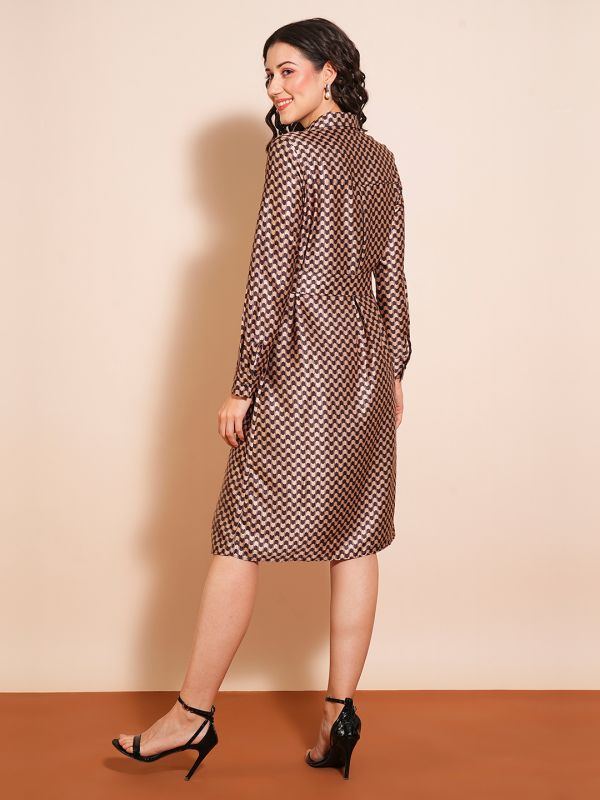 Globus Women Brown Geometric Print Shirt Style Cuffed Sleeves A-Line Workwear Midi Dress