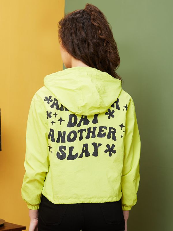 Globus Women Neon Yellow Hooded Neck Typography Print Casual Jacket