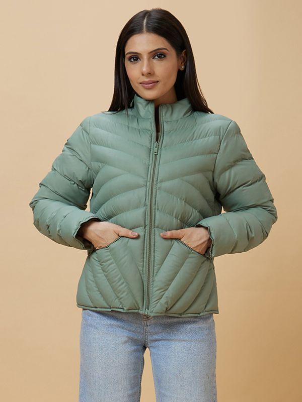 Globus Women Sea Green Solid High Neck Puffer Jacket