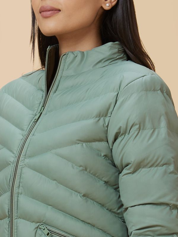 Globus Women Sea Green Solid High Neck Puffer Jacket