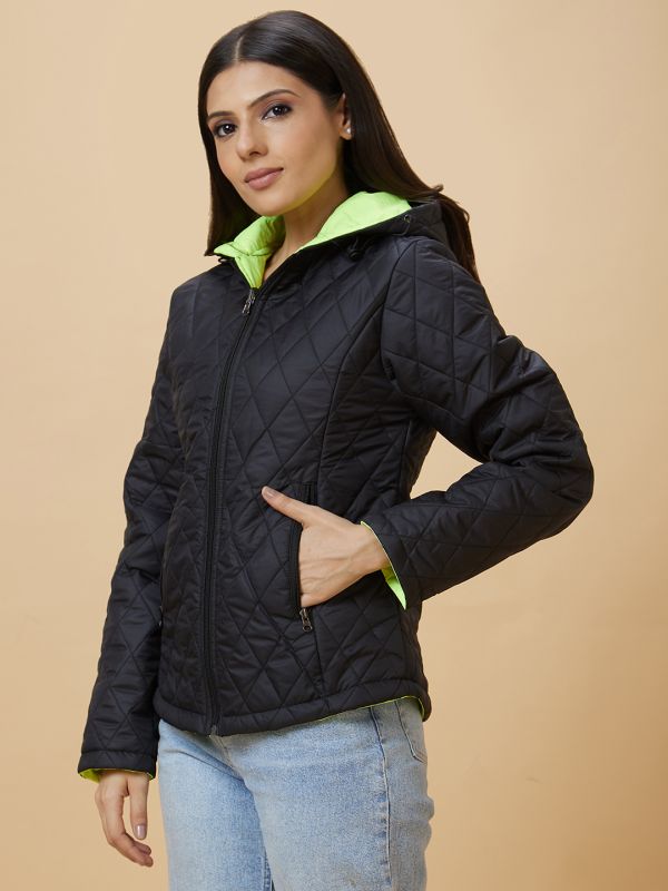 Globus Women Black Solid Hooded Reversible Zip Closure Puffer Jacket