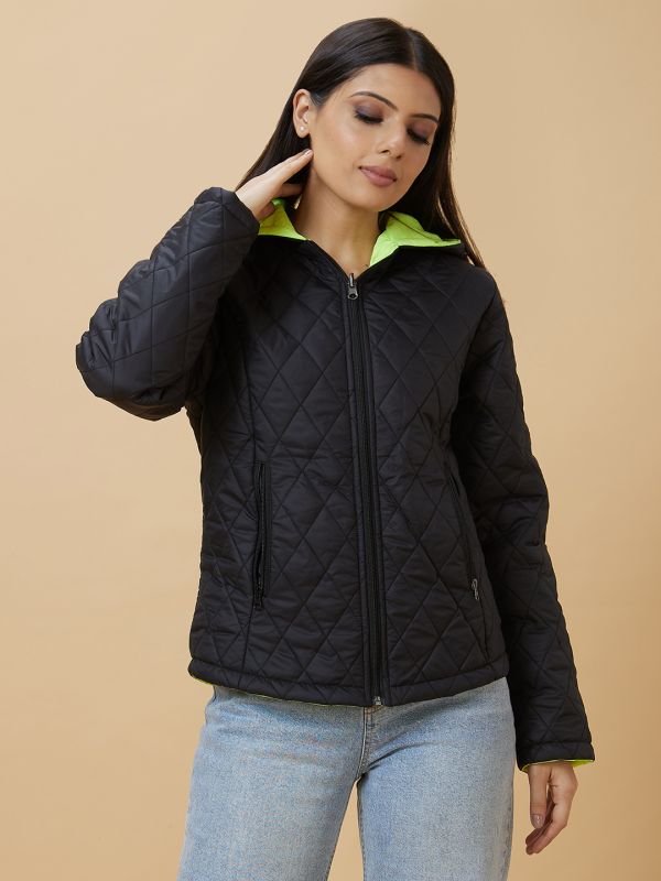 Globus Women Black Solid Hooded Reversible Zip Closure Puffer Jacket