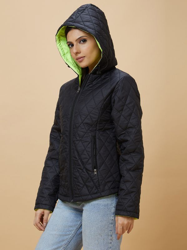 Globus Women Black Solid Hooded Reversible Zip Closure Puffer Jacket