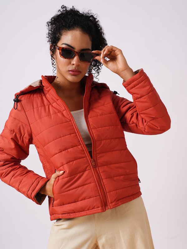 Globus Women Rust Mock Neck With Attached Hoodie Zip Closure Reversible Winter Wear Puffer Jacket