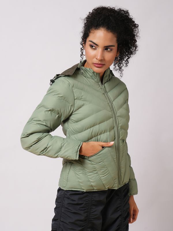 Globus Women Green Mock Neck With Attached Hoodie Zip Closure Reversible Winter Wear Puffer Jacket