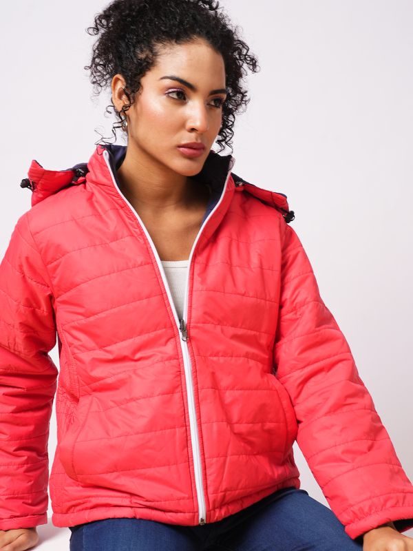 Globus Women Red Mock Neck With Attached Hoodie Zip Closure Reversible Winter Wear Puffer Jacket