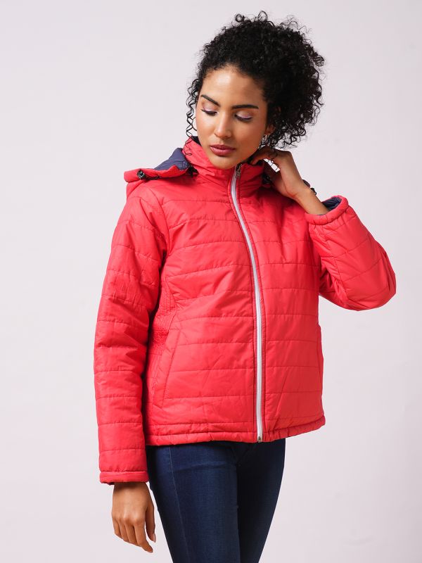 Globus Women Red Mock Neck With Attached Hoodie Zip Closure Reversible Winter Wear Puffer Jacket