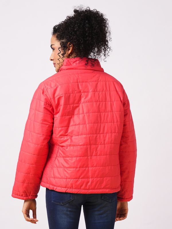 Globus Women Red Mock Neck With Attached Hoodie Zip Closure Reversible Winter Wear Puffer Jacket