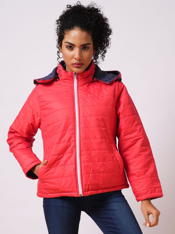 Globus Women Red Mock Neck With Attached Hoodie Zip Closure Reversible Winter Wear Puffer Jacket