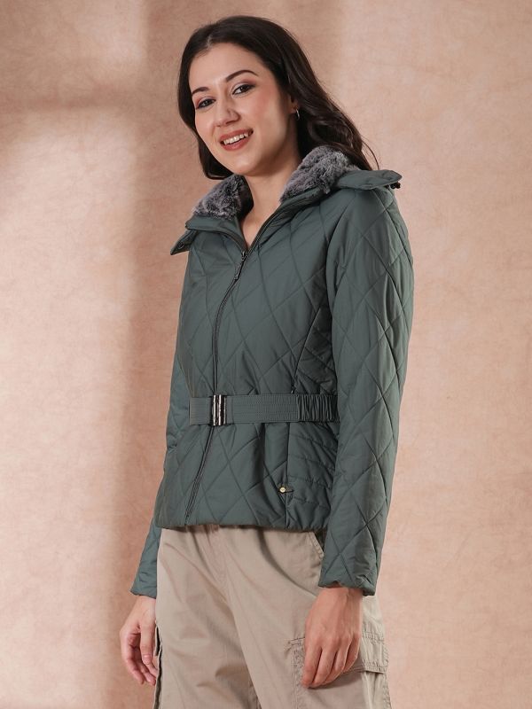 Globus Women Sea Green Mock Neck Front Zip Belted Winter Wear Insulator Puffer Jacket With Detachable Soft Functional Hood