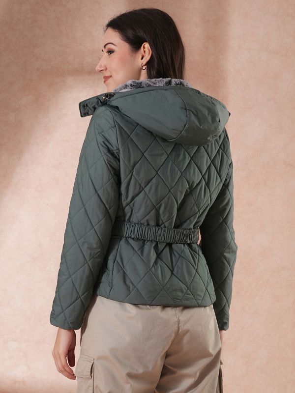 Globus Women Sea Green Mock Neck Front Zip Belted Winter Wear Insulator Puffer Jacket With Detachable Soft Functional Hood