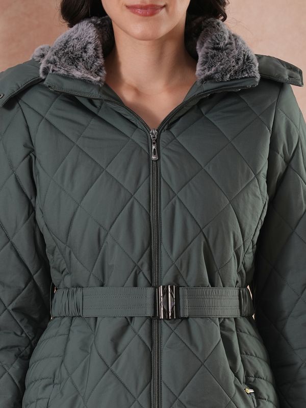 Globus Women Sea Green Mock Neck Front Zip Belted Winter Wear Insulator Puffer Jacket With Detachable Soft Functional Hood