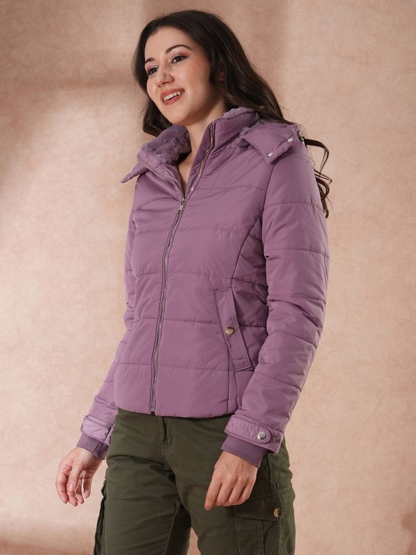 Globus Women Lavender Mock Neck Front Zip Winter Wear Insulator Puffer Jacket With Detachable Soft Functional Hood