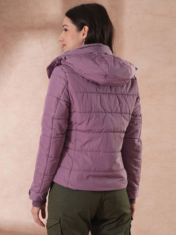 Globus Women Lavender Mock Neck Front Zip Winter Wear Insulator Puffer Jacket With Detachable Soft Functional Hood