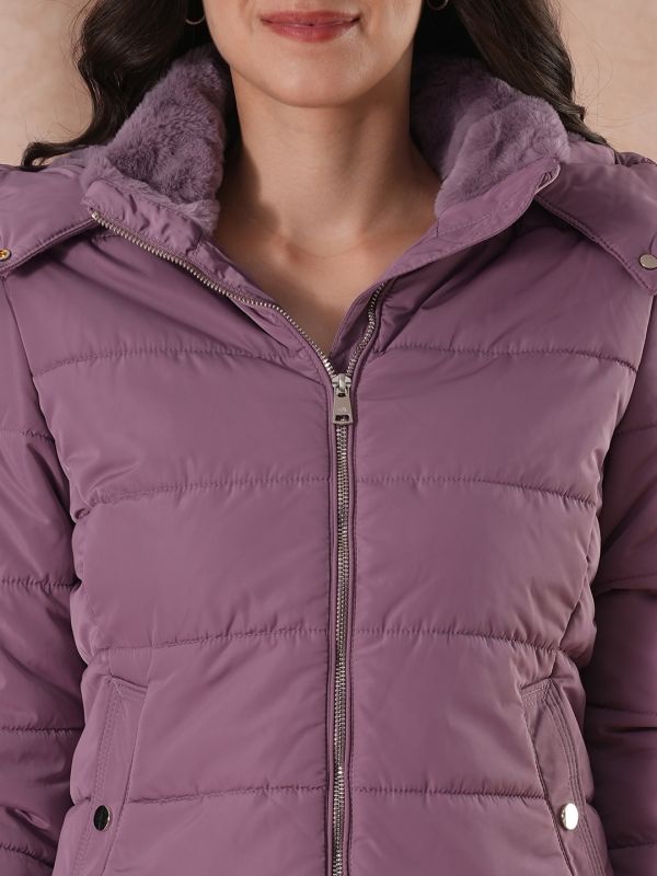 Globus Women Lavender Mock Neck Front Zip Winter Wear Insulator Puffer Jacket With Detachable Soft Functional Hood