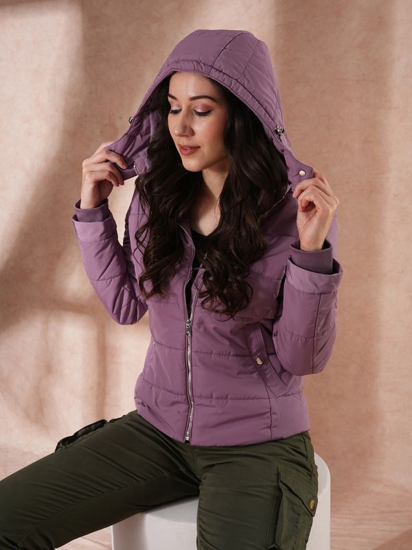 Globus Women Lavender Mock Neck Front Zip Winter Wear Insulator Puffer Jacket With Detachable Soft Functional Hood