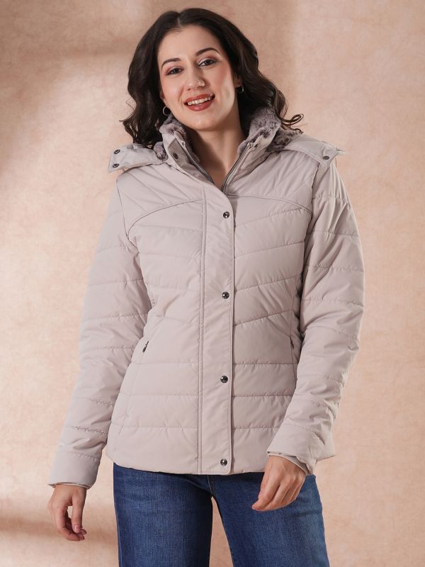 Globus Women Beige Mock Neck 2 Zipper Pocket Winter Wear Insulator Puffer Jacket With Detachable Soft Functional Hood