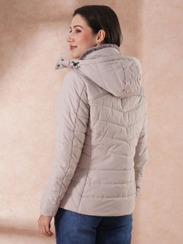 Globus Women Beige Mock Neck 2 Zipper Pocket Winter Wear Insulator Puffer Jacket With Detachable Soft Functional Hood