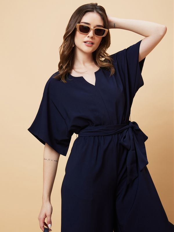 Globus Women Navy Round Neck With V Cut & Kimono Sleeves Waist Tie-Up Longline Jumpsuit