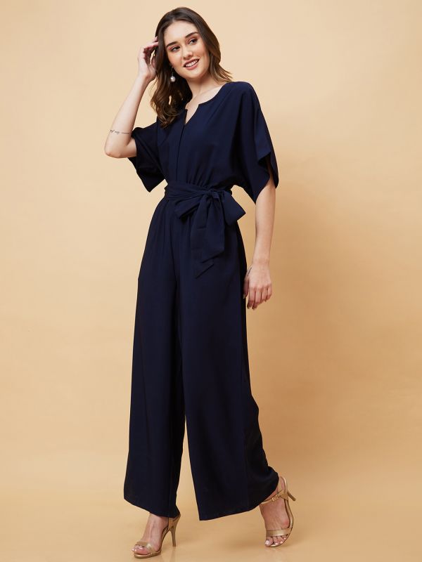 Globus Women Navy Round Neck With V Cut & Kimono Sleeves Waist Tie-Up Longline Jumpsuit