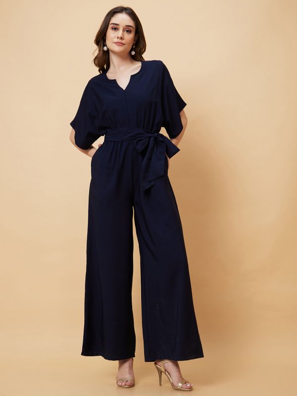 Globus Women Navy Round Neck With V Cut & Kimono Sleeves Waist Tie-Up Longline Jumpsuit