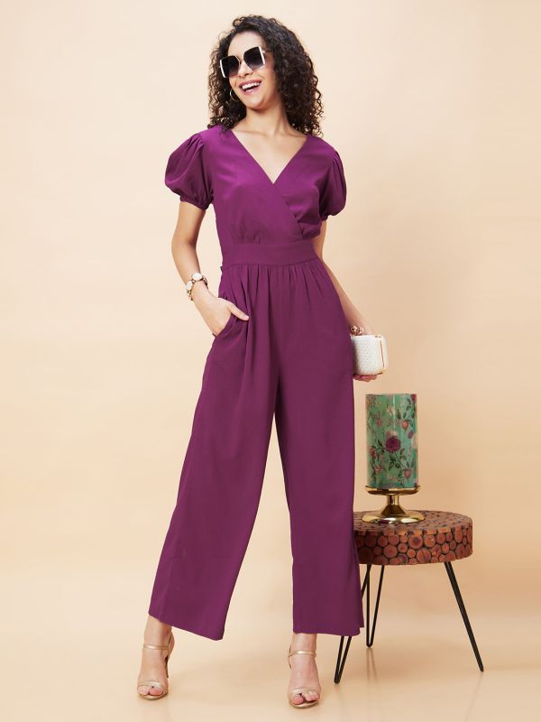 Globus Women Purple Wrap Neck Puff Sleeves Back Waist Tie-Up Long Jumpsuit