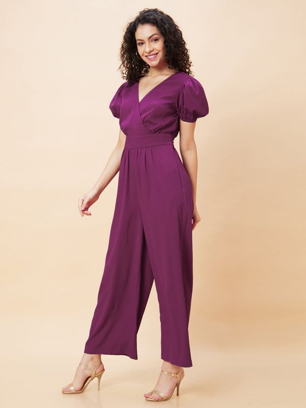 Globus Women Purple Wrap Neck Puff Sleeves Back Waist Tie-Up Long Jumpsuit