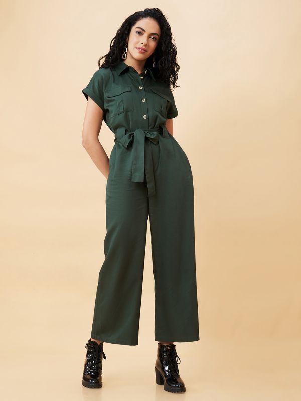 Globus Women Olive Shirt Collar Chest Pocket Waist Tie Up Long Jumpsuit 