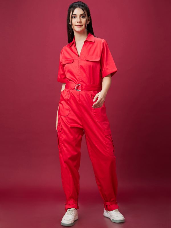 Globus Women Red Solid Shirt Collar Waist Tie Up Casual Boiler Jumpsuit