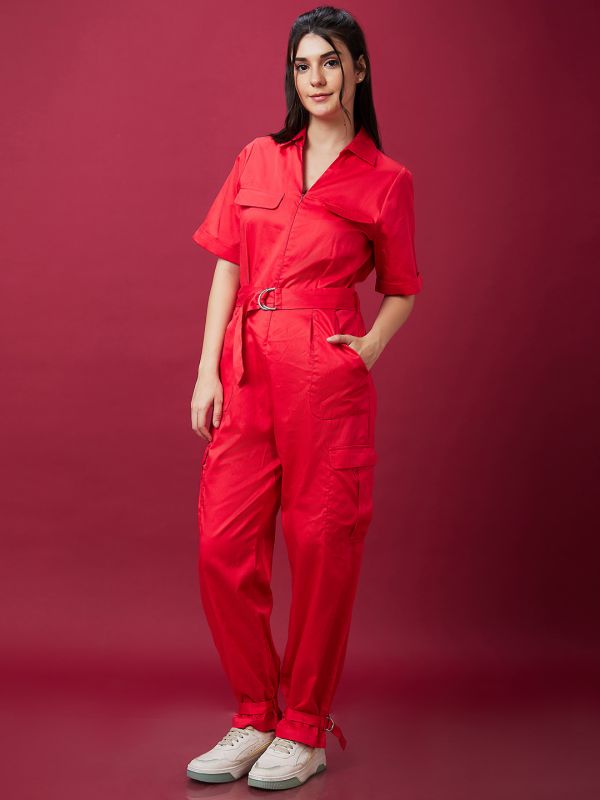 Globus Women Red Solid Shirt Collar Waist Tie Up Casual Boiler Jumpsuit