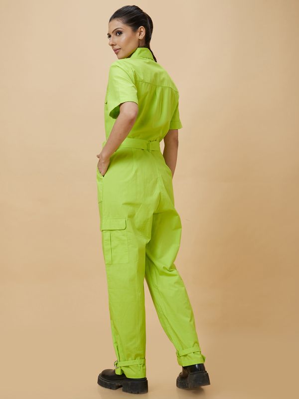 Globus Women Neon Green Solid Shirt Collar Waist Tie Up Casual Boiler Jumpsuit