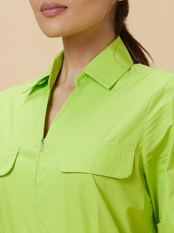 Globus Women Neon Green Solid Shirt Collar Waist Tie Up Casual Boiler Jumpsuit