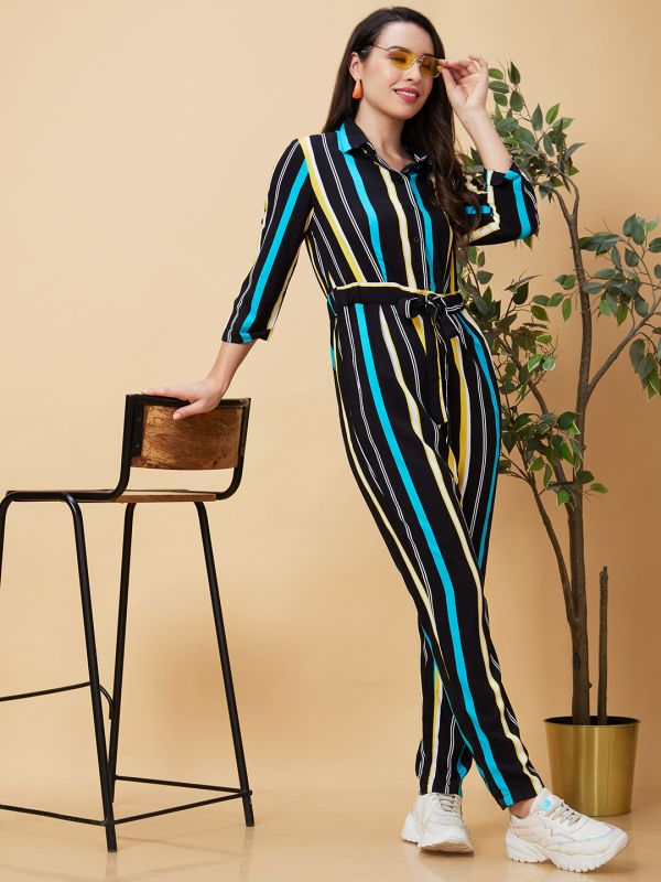 Globus Women Black Striped Waist Tie-Up Button Down Jumpsuit