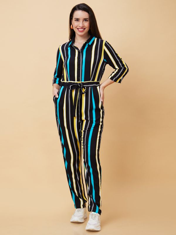 Globus Women Black Striped Waist Tie-Up Button Down Jumpsuit